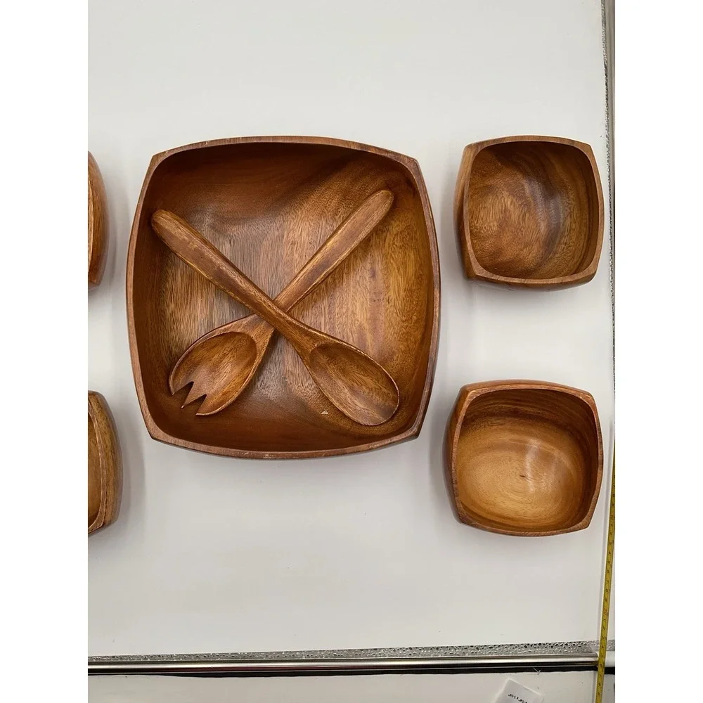 Vintage Set of 5 Square Salad Bowl Set With Utensils Teak Bowls